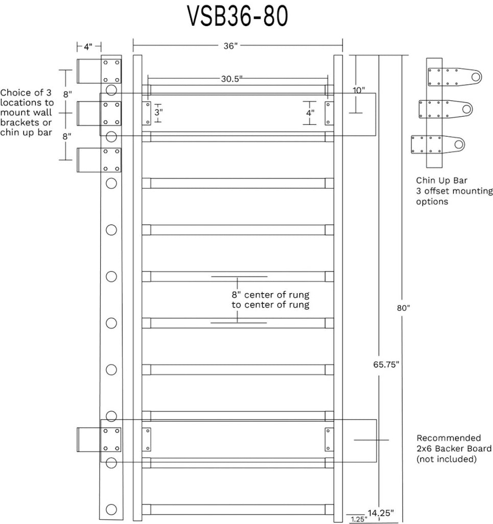 VitaBarre VSB Series 36" Wide Stall Bars / Swedish Bars (With Chin-Up Bar)