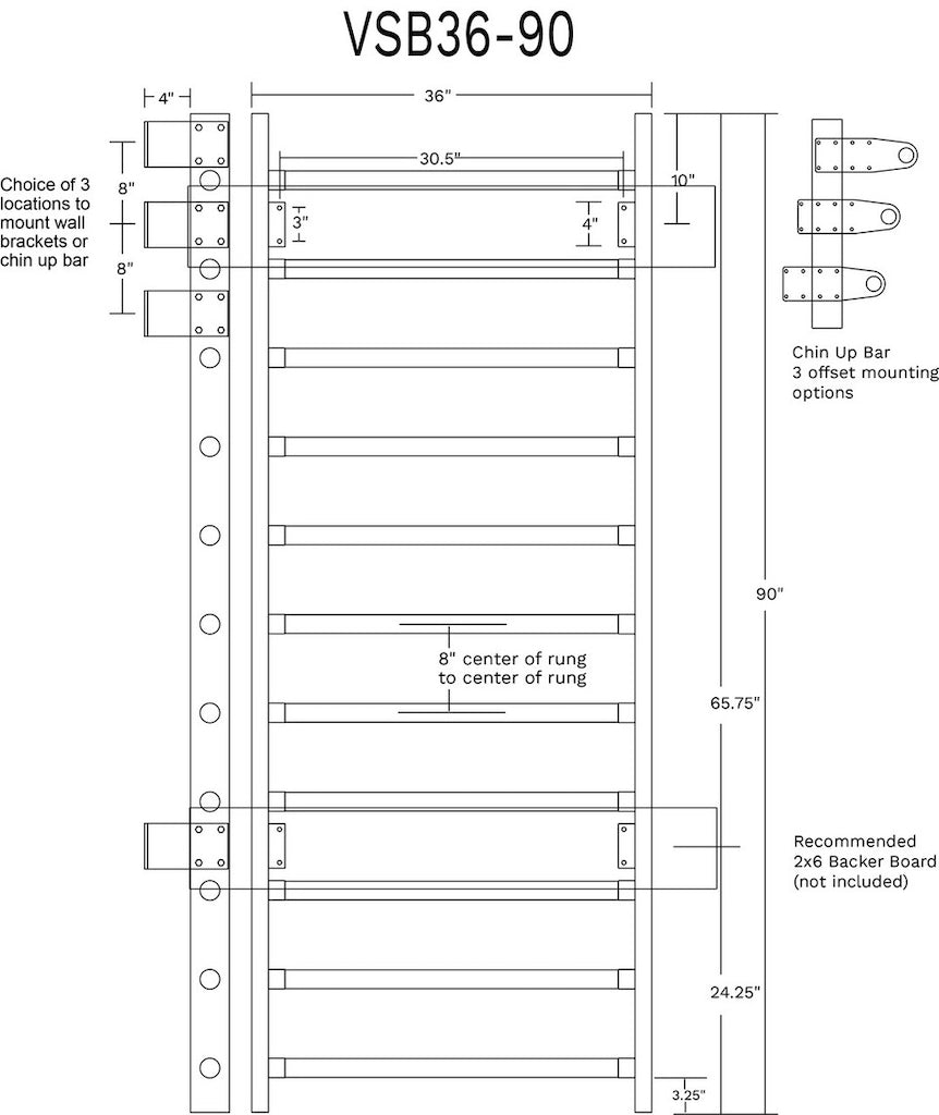 VitaBarre VSB Series 36" Wide Stall Bars / Swedish Bars (With Chin-Up Bar)